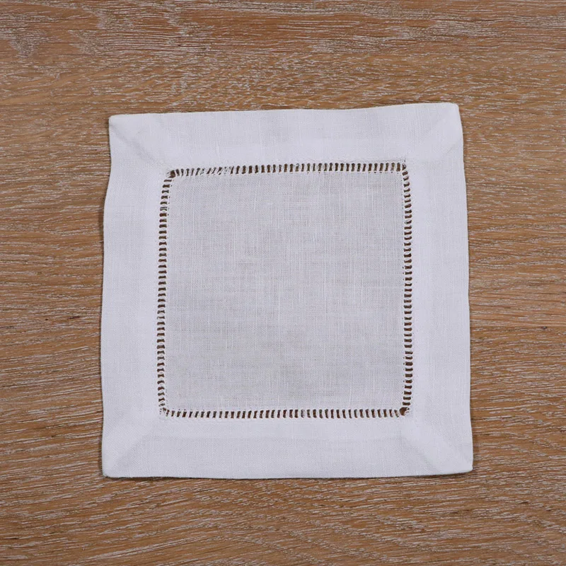 

N002-6: 12 pieces White Linen/Cotton Hemstitched Cocktail Napkins- 6" X 6"- Ladder Hem Stitch Cloth Napkin Coasters