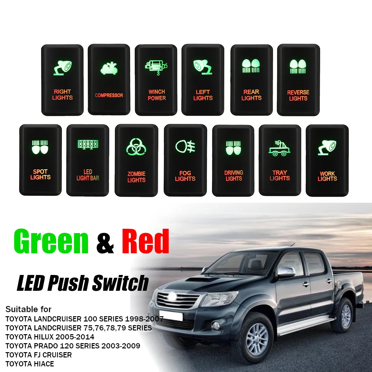 

12v LED Work Spot Fog Light Push Switch Bar For Toyota Landcruiser Hilux Prado 1998-2007