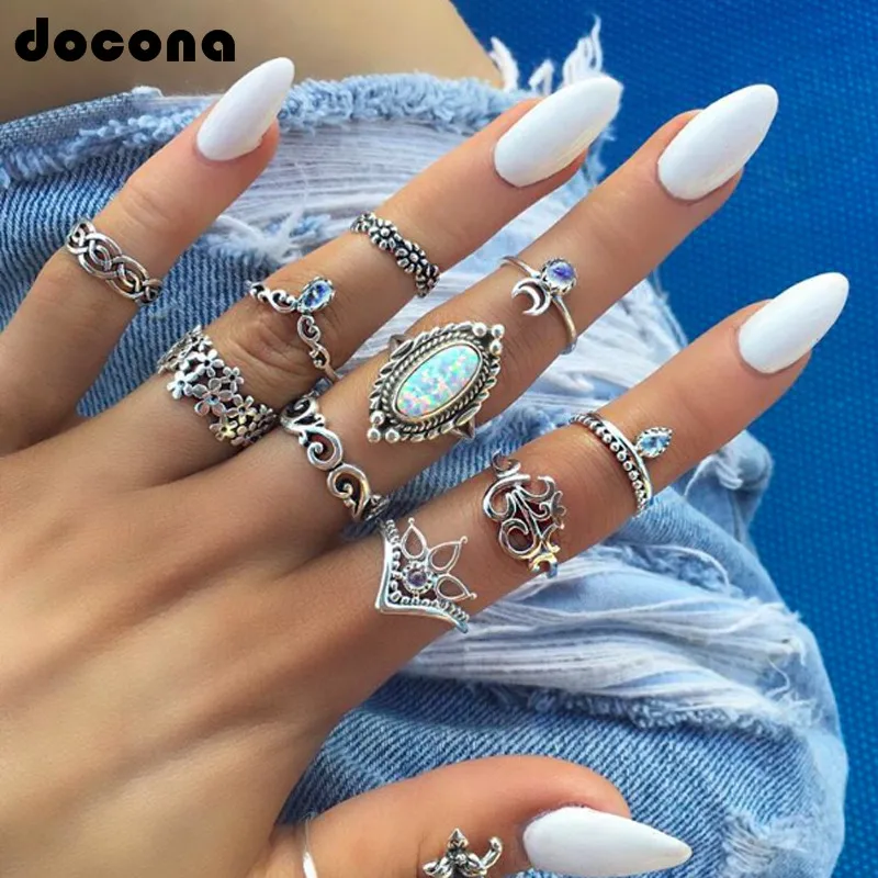 

Docona Boho Silver Crystal Knuckle Ring for Women Geometric Flower Carving Finger Midi Rings Set Anel Anillos Jewelry 6547