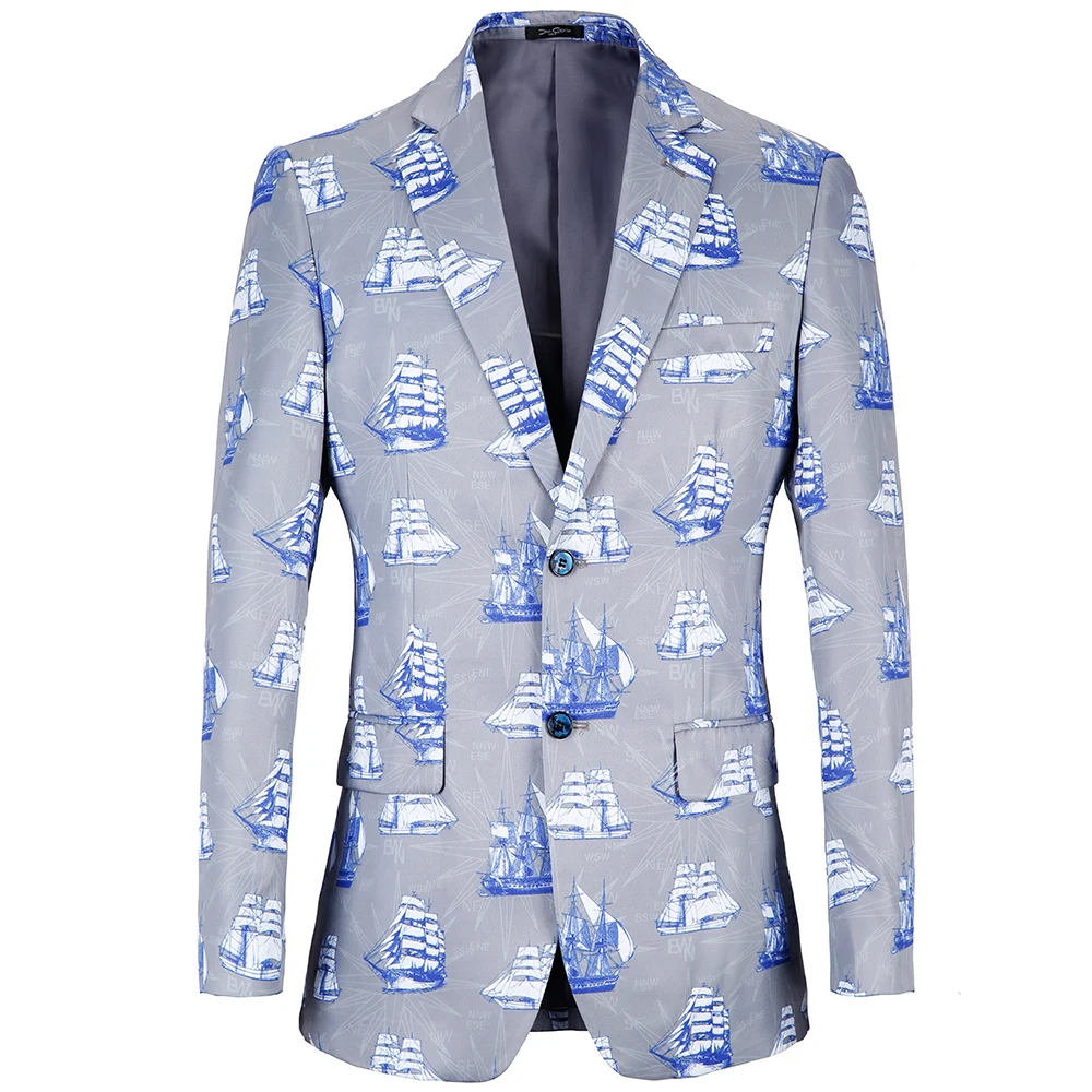 

Hawaii Sea Boat Print Casual Blazer Men 2023 New Beach Jacket Loose Plus Size Masculino US Size 38R-48R Men Blazers Coat Elegant