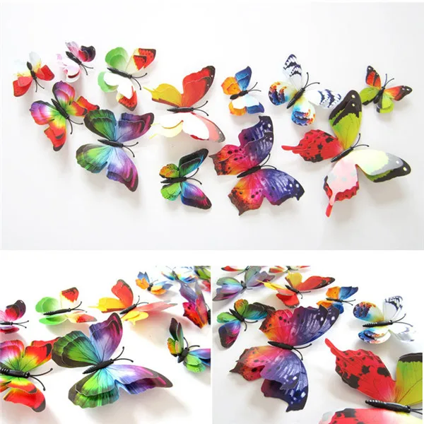 12 шт./компл. двойной Слои крыло 3D Искусственные бабочки на магните Декор холодильника наклейки на стену с резиновыми полосками продается дома вечерние год украшения - Цвет: Rainbow