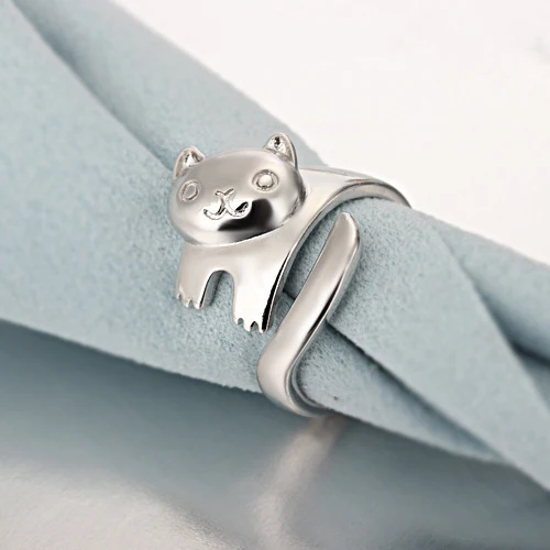Женское кольцо с кошачьим котом Cute регулируемое животными из серебра 925 пробы