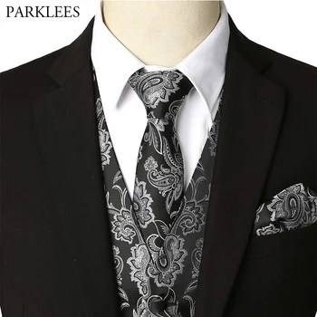 

Men's Hipster Paisley Jacquard Waistcoat Vest Handkerchief Business Party Wedding Suit Vest Necktie Pocket Square Set for Tuxedo