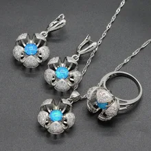 Австралия Opal 925 пробы Серебряные комплекты ювелирных изделий цветок синего, белого, розового цвета Цвета для Для женщин серьги Цепочки и ожерелья Кулон Кольцо