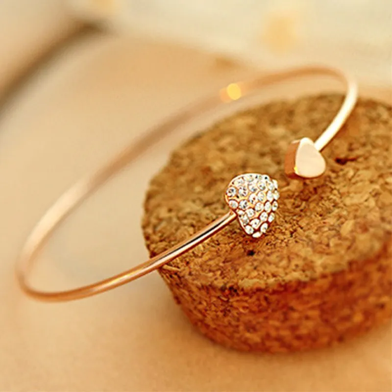 L043 New Fashion LOVE Crystal Double Heart Cuff Bracelet & Bangles for Women Lady Jewelry Charm Open Bracelet Valentine's Gift