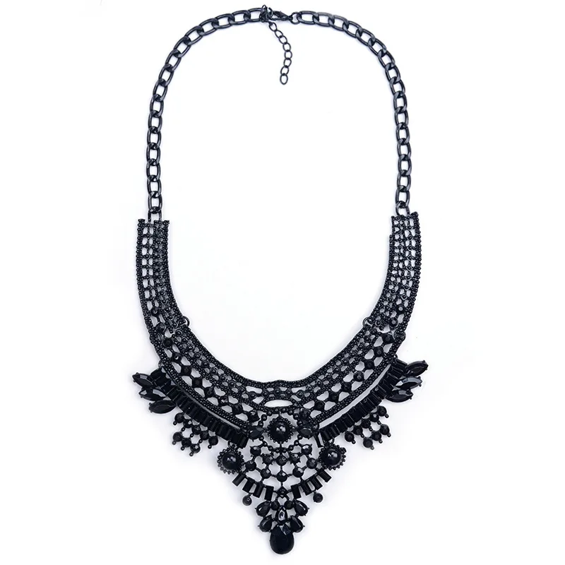 Black Pearl Crystal Statement Pendant Necklace For Women Collar