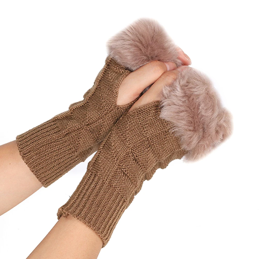 Women Winter Faux Fur Knit Indoor Half Hand Fingerless Gloves Thicken
