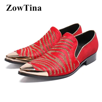 

Red Real Leather Men Iron Pointed Toe Flats Slip On Crystal Mocasines Hombre Large Size 46 Formal Dress Wedding Shoes Man Loafer