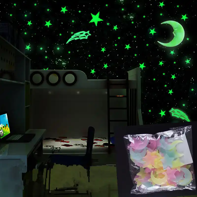 100pcs Set Night Luminous Moon Star Stickers Light Up Glow
