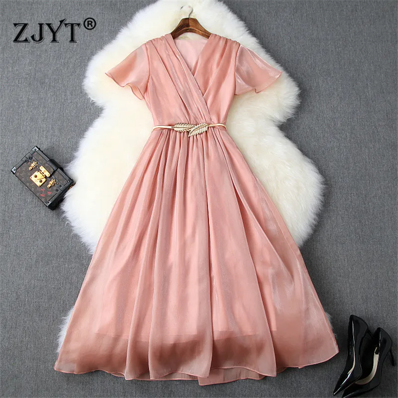 

New Designer Women Fashion Summer Dresses 2019 Elegant Lady Clothes Short Sleeve Solid Color Mid Calf Aline Eveing Party Dresses