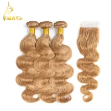 HairUGo Hair Pre-colored Brazilian Body Wave Lace Closure Non Remy Weft Hair Weave 3 Bundles Human Hair Bundles With Closure