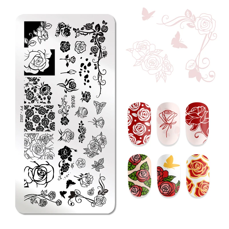 

PICT YOU Rectangle Stamping Plates Rose Flower Series Image Design Stamp Stainless Steel Nail Art Design Template Tools J002