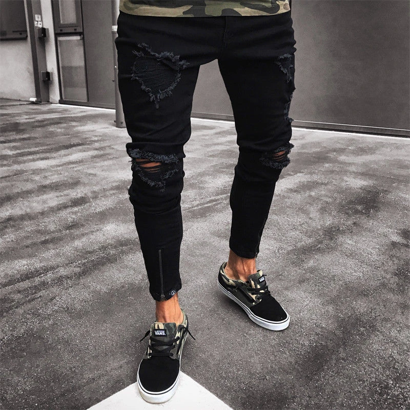 Мужские стильные дизайнерские брендовые черные джинсы обтягивающие рваные стрейчевый Облегающий Брюки в стиле хип-хоп с дырками для