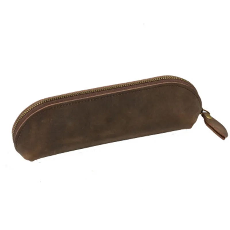 

Genuine Leather Zipper Pen Case Pencil Bag Large Capacity Vintage Crazy Horse Leather Handmade Creative School Stationary