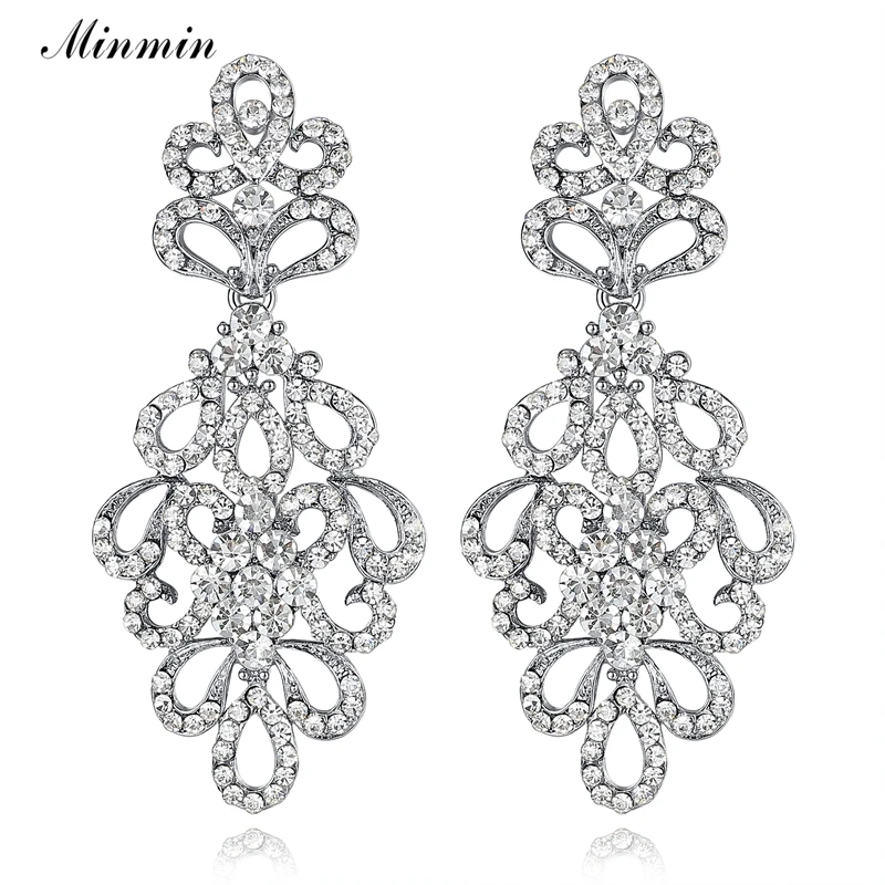 

Minmin Luxury Crystal Bridal Drop Earrings for Women Floral Silver/Gold Color Wedding Dangle Earrings Fashion Jewelry 2019 EH177