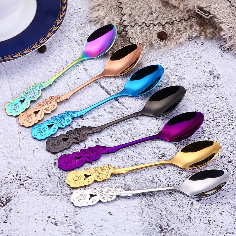 

Small Mini 304 Stainless Tea SpoonSteel Rose Stirring Spoon Coffee Spoon Teaspoon Dessert Spoon Long Handle Tableware Gold