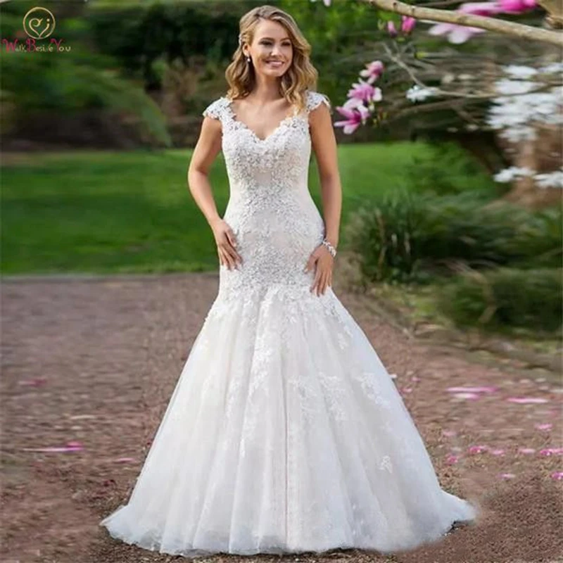

White Wedding Dress Mermaid Sexy Illusion Back Sweetheart Neck Short Sleeves Appliques With Button Back Sweep Train Bridal Gown