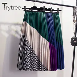Trytree весна лето женские плиссированные юбки полосатая Лоскутная клетчатая юбка до середины икры эластичная талия юбки а-силуэта Высокая