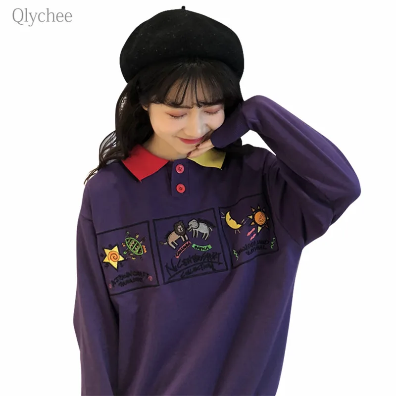 Qlychee/свитшоты с вышитыми буквами из мультфильма женские толстовки длинными