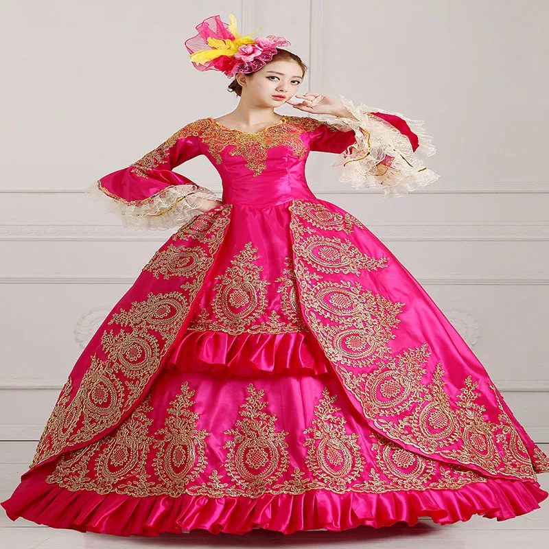 

New Arrival Rose Red Long Flare Sleeve Gold Appliques Halloween Party Dress 18th Century masquerade dresses For Women