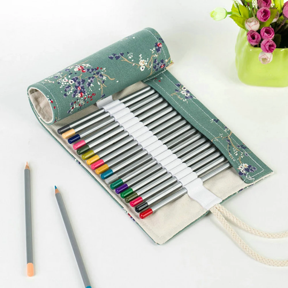 72Hole Colored Pencil Bag Handmade Canvas Pen Roll Up Bag School Pencil