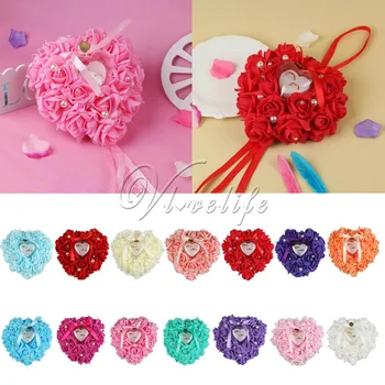 

Wholesale Wedding Favors Heart-shape Ring Pillow with Platic Ring Box Rose Flowers Rhinestone Pearls Ring Bearer Pillow Cushion
