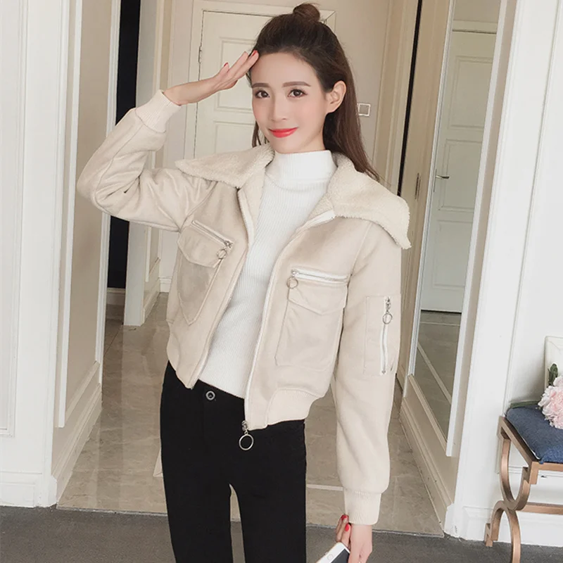 Womens Long Sleeve Zip Up Jacket Lapel Suede Leather Buckle Cool Pilot Coat Tops
