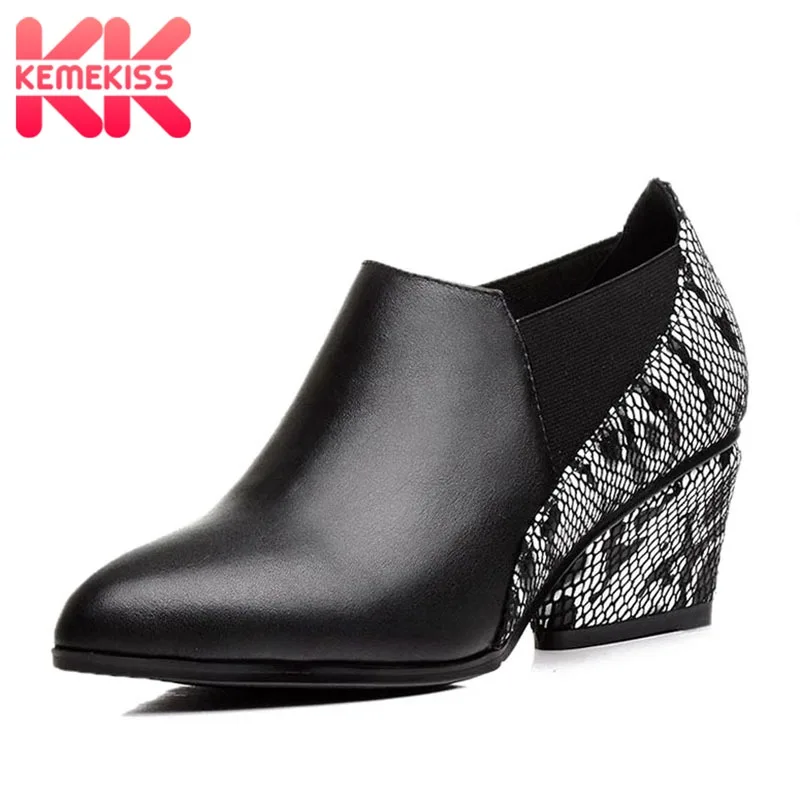 

KemeKiss Quality Women Real Genuine Leather High Heel Boots Warm Fur Shoes Women Print Thick Heel Boots Lady Footwear Size 34-43