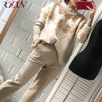 

RZIV autumn and winter women's sweater casual solid color sequins decorative round neck long-sleeved sweater