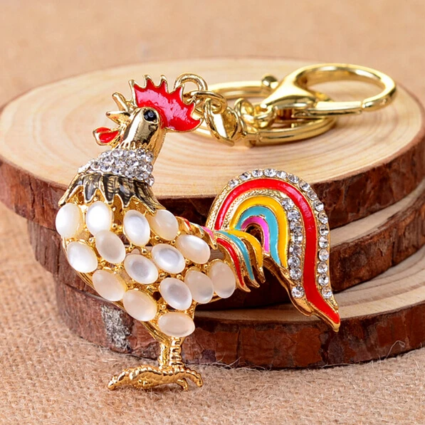 Fashion Chic rhinestone Cock Rooster Chicken Keychains Crystal Bag