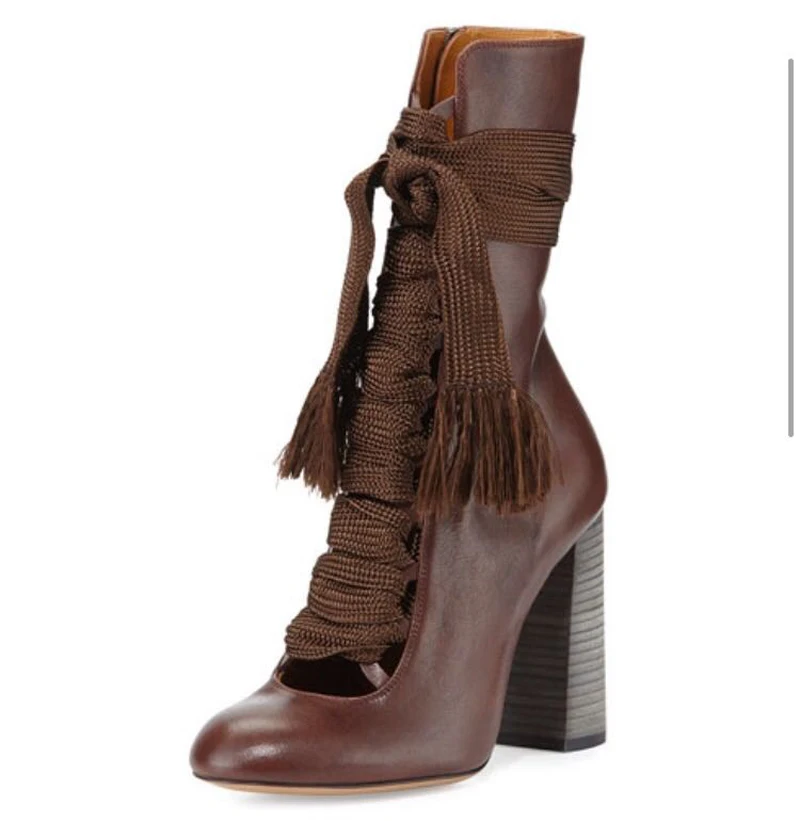 Women New Design Round Toe Genuine Leather Lace-up Thick Heel Ankle Boots Cut-out Brown Blue High Heel Short Boots