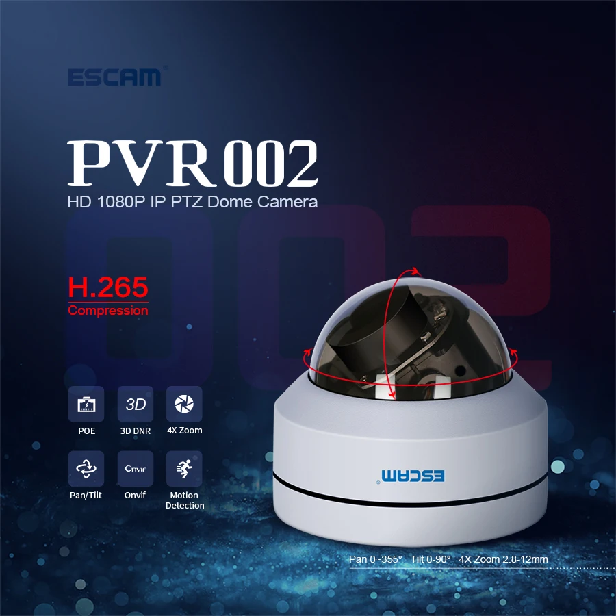 

ESCAM PVR002 1080P PTZ 4X Zoom 2.8-12mm Lens Waterproof POE Dome IP H.265 Camera Support ONVIF IR 15m Private Cloud Protocol