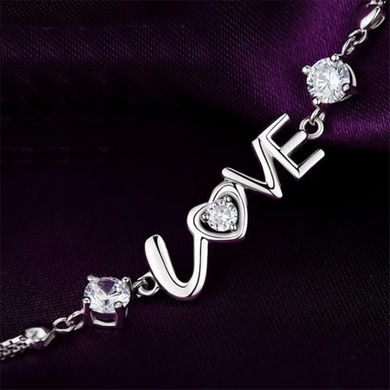 KOFSAC новые модные ювелирные изделия Серебряный Очаровательный кристалл в виде сердца браслеты и браслеты Pulseiras фиолетовый белый горный хрусталь браслеты для женщин - Окраска металла: White zircon