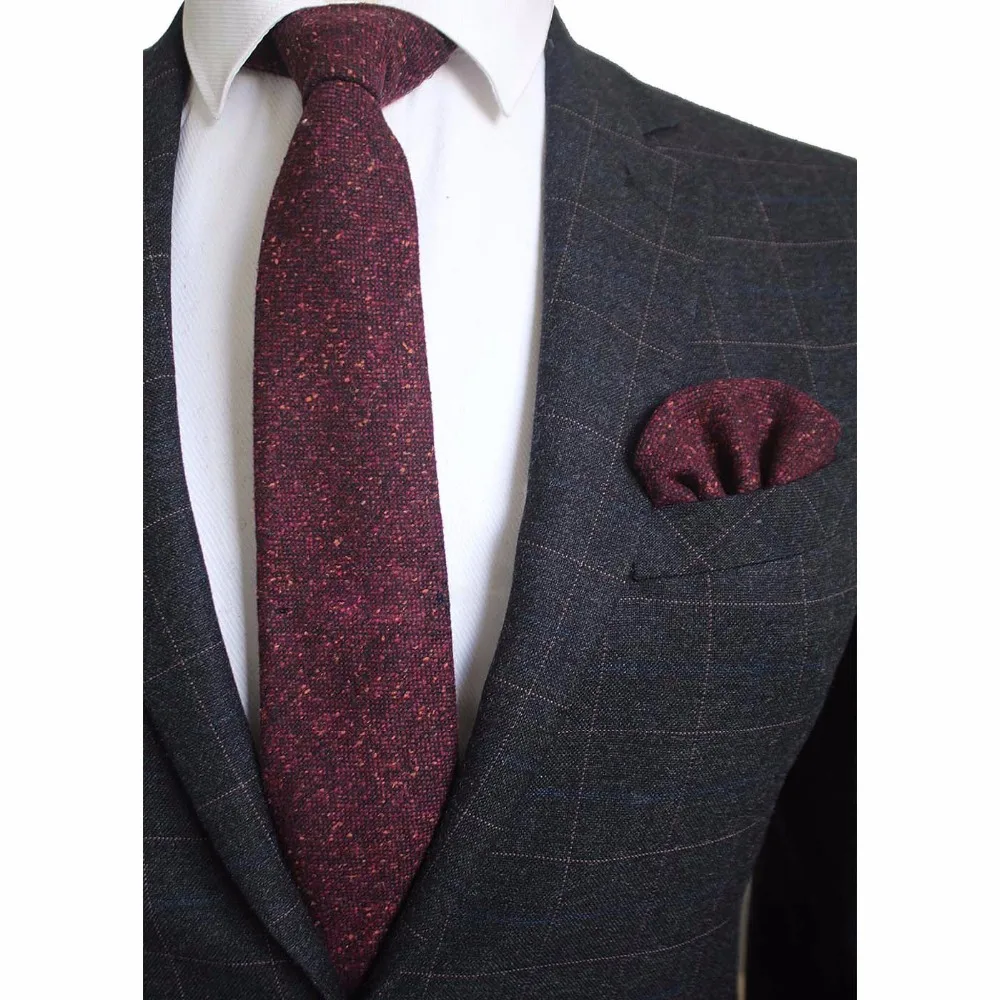 Ricnais 8cm Wool Necktie Solid Plaid Tie For Men Quality Cashmere Tie and Handkerchief Cravats Set Suit For Wedding Party
