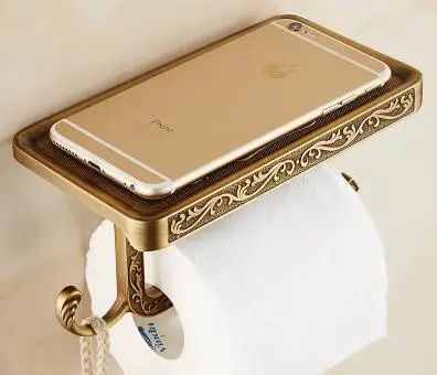 Creative antique bathroom paper roll holder brass toilet paper holder with shelf, WC/kitchen tissue rack vintage