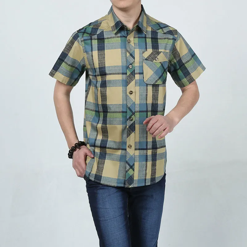 M~ 5XL 3 цвета Летний Плюс размер клетчатая Горячая Повседневная рубашка мужская хлопковая рубашка с коротким рукавом Горячая Распродажа брендовая одежда