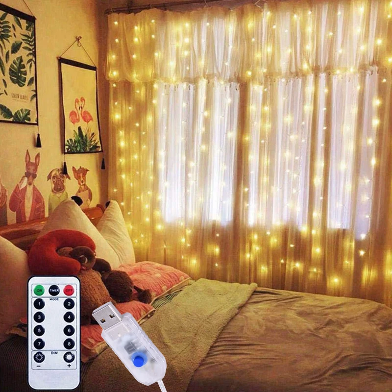 

3m*3m USB Led Copper Wire Curtain Fairy String Light Christmas Curtain Light Outdoor Home Garden Party Decoration w/Remote