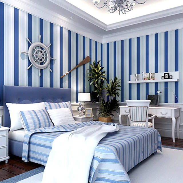 Mediterranean Blue And White Vertical Striped Wallpaper Non Woven Mediterranean Blue And White Vertical Striped Wallpaper Non Woven Flocking Wallpapers For Boys Living