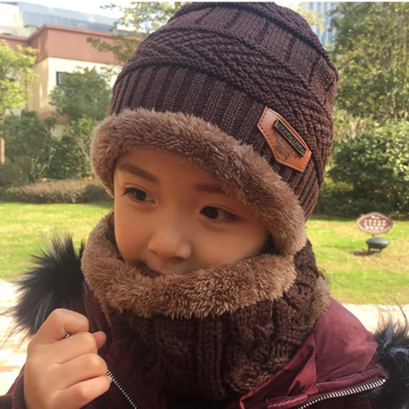 Детская зимняя шапка, шарф, комплект, Толстая теплая двухслойная зимняя шапочка для маленьких мальчиков и девочек, флисовые вязанные шарф и шапка