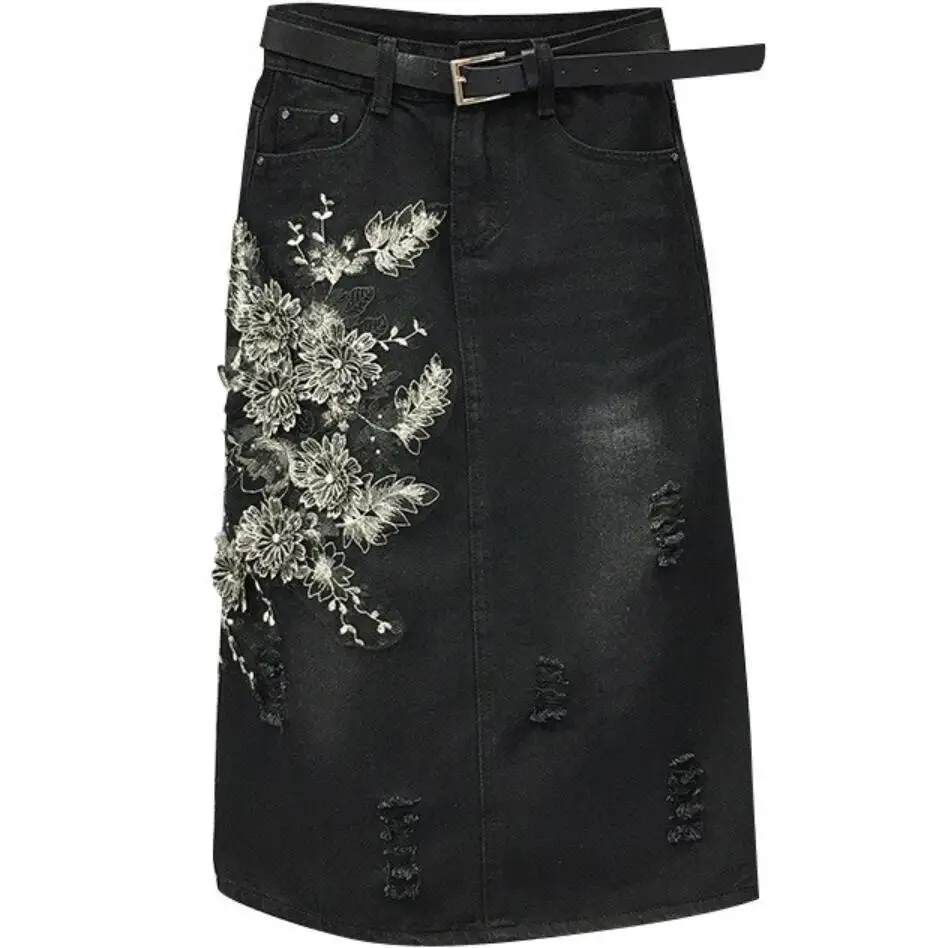 Spring autumn Flower Embroidery Casual Pearls Denim Skirts Holes Skinny