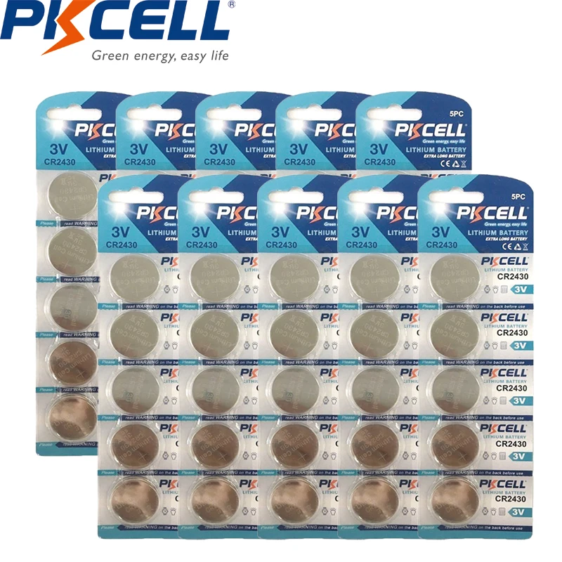 

50PCS/10card PKCELL CR2430 3v button cell battery DL2430 ECR2430 BR2430 KCR2430 lithium batteries FOR Watch Toy Headphone