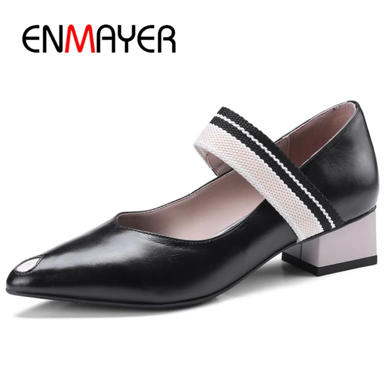 

ENMAYER Mary Janes Pumps Shoes Woman Square Heels Genuine Leather Shoes Slip-on Shoes Party Wedding Pumps Shoe