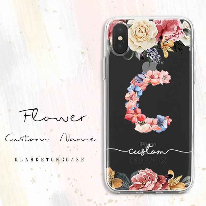 

KlarkeTong Personalized Flower Letter Custom Phone Case For iPhone Xs MAX XR 8 7 6 Plus 5 5s Soft Silicone Cover