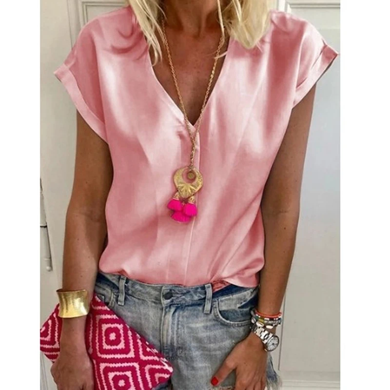 Women Blouse 2019 Fashion Summer Women Short Sleeve Blouse Chiffon Solid Color V-neck Loose Ladies Blouse Feminine Blouse