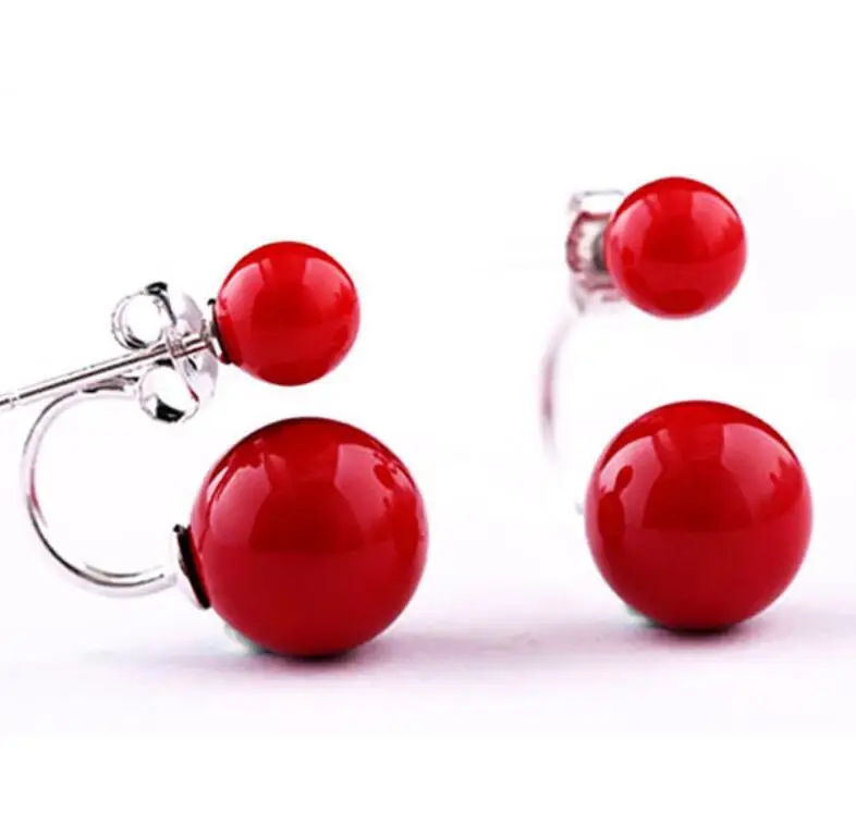 

Hot sale new Style >>>>New Pair Double Coral Red South Sea Shell Pearl Sterling Silver Earrings