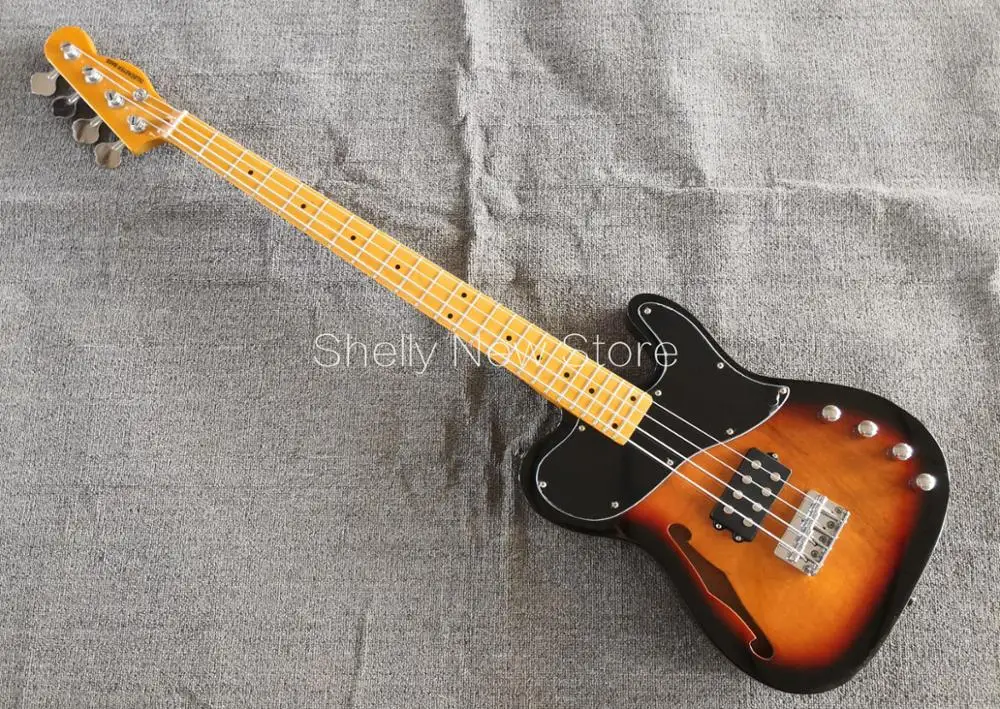 

Shelly new store factory custom tobacco burst 4 strings vintage yellow neck strings through F hole Jazz TL electric bass guitar