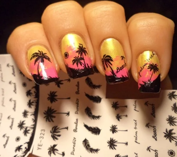 1 Sheet Feather Nail Water Decals Coconut Tree Summer Style Transfer Stickers Nail Art Sticker Tattoo Decals