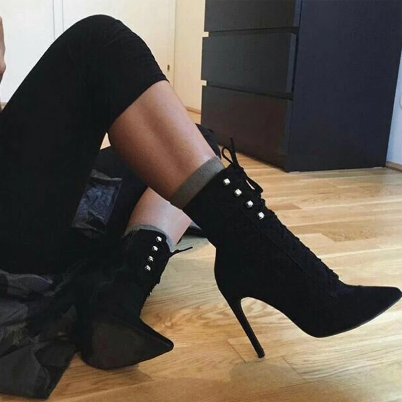 

Autumn Winter Women Boots Zip High Heels Boots Fashion Pointed Toe Ankle Boots Sexy Cross Tied Botas Mujer Woman Ladies Shoes