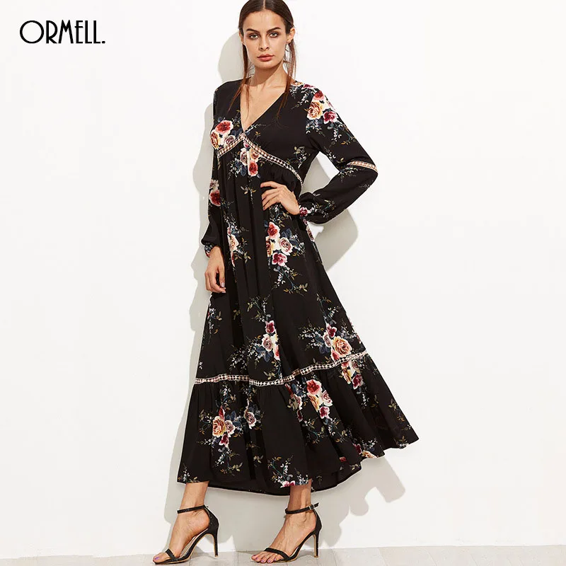 Aliexpress.com : Buy ORMELL Black Floral Print Sexy V Neck Boho Dress ...