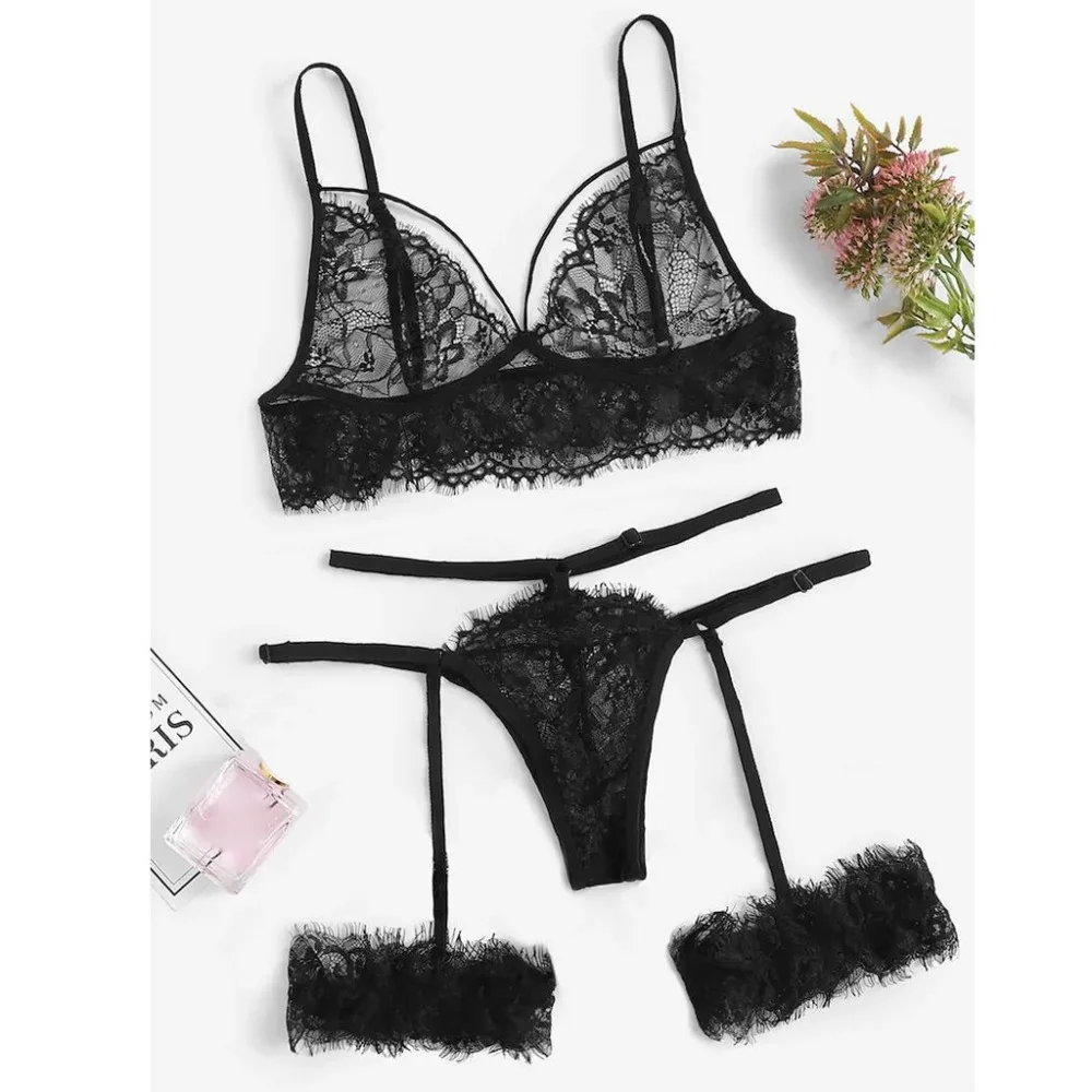 

2pc Fashion Sexy Women Eyelash Lace Garter V-neck Lingerie Set Badydoll Underwear women summer Seamless Sexy Lingerie S-xl #15A